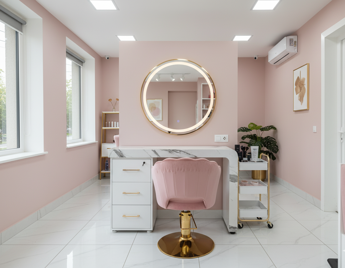 Salon interior with pink walls, white furniture, and a round mirror.