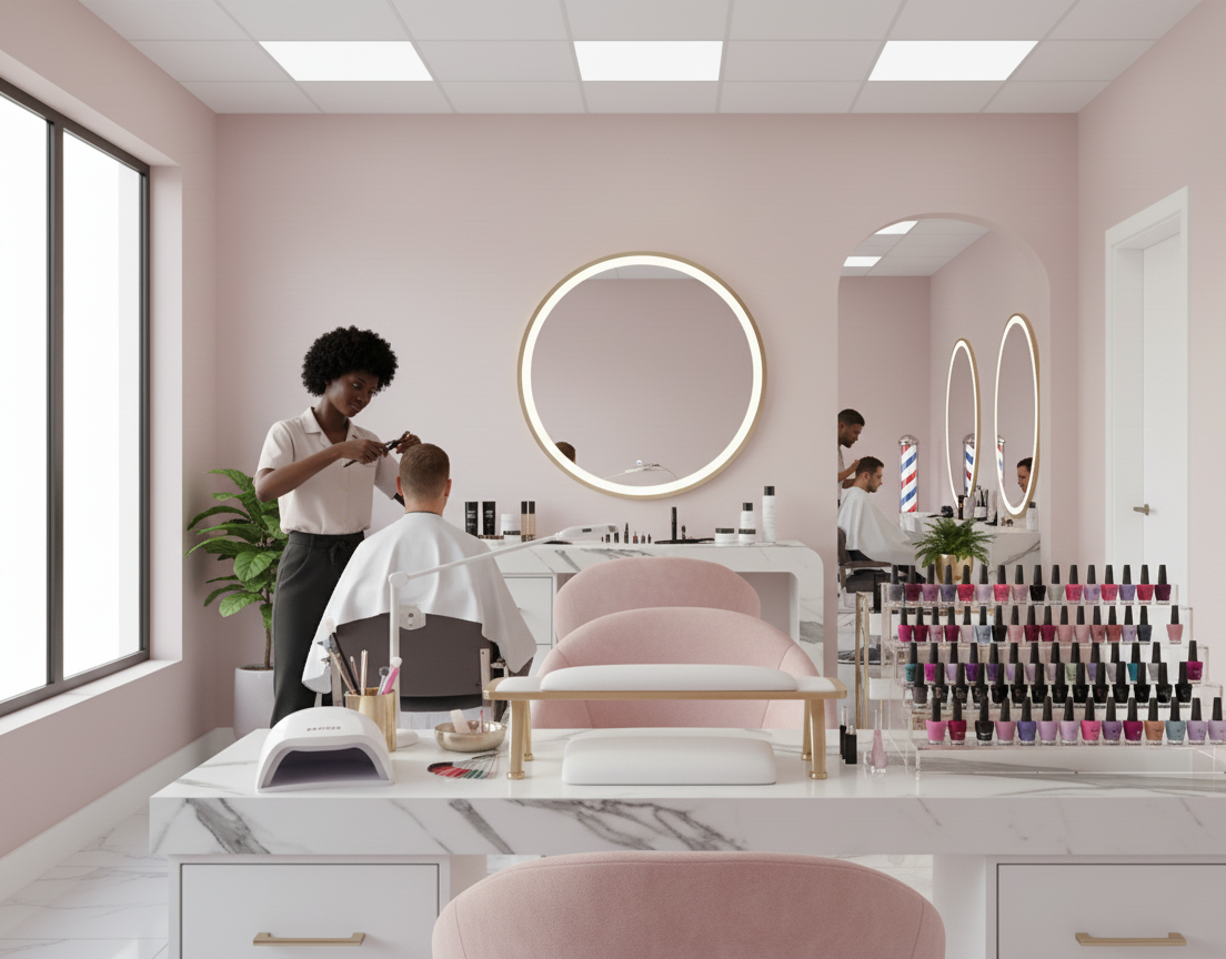 Salon interior with pink walls, mirrors, and hair products.